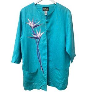 BOB MACKIE Jacket Size Large Turquoise Blue Embroidered Linen Blend Womens